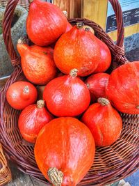 High angle view of fruits in basket for sale