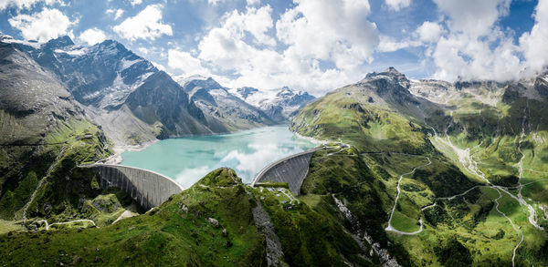 Aerial image of kaprun high mountain reservoirs and dam wall, salzburg, austria