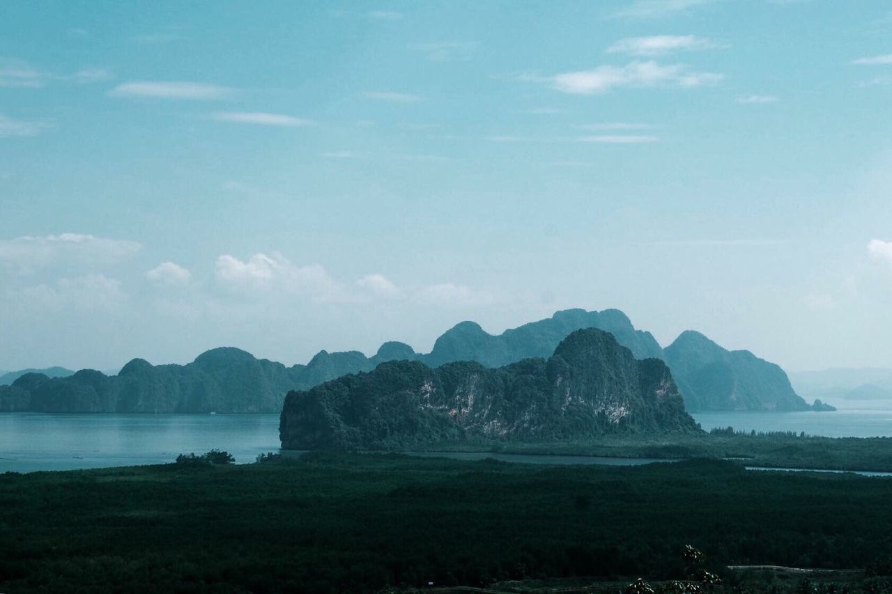 SCENIC VIEW OF SEA AND MOUNTAIN AGAINST SKY