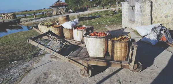 High angle view of food on wall by building