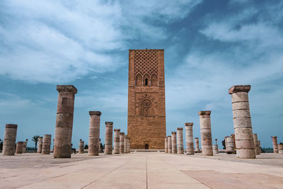 Tour hassan tower in the square with stone columns. important historical  in rabat, morocco