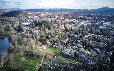 High angle view of town against sky