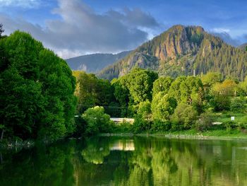 Scenic view of lake by trees against sky