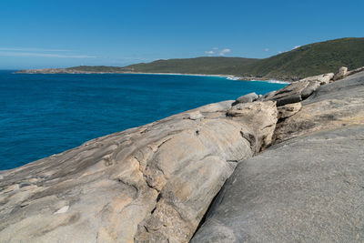 Scenic view of sea against clear blue sky