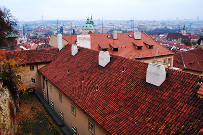 High angle view of buildings against sky