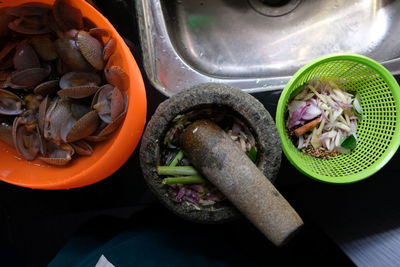 High angle view of vegetables on barbecue grill