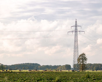 Electricity pylon on field against sky
