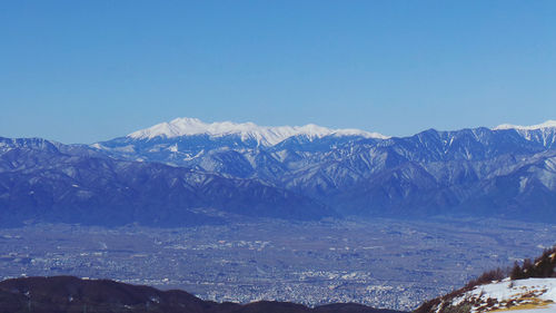 Scenic view of snowcapped mountains against clear blue sky