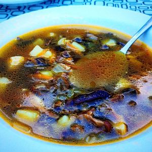 High angle view of soup in bowl