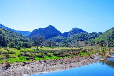 Scenic view of landscape and mountains against clear blue sky