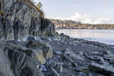 Scenic view of rocks on beach against sky