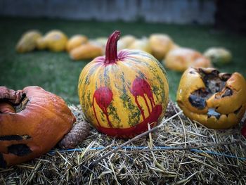 Different pumpkins decorated for halloween