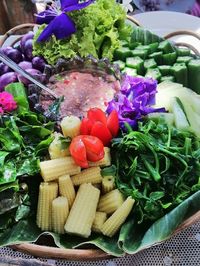 High angle view of chopped fruits in plate