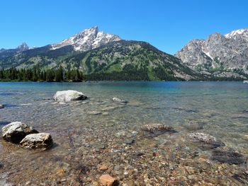 Scenic view of sea and mountains against clear blue sky