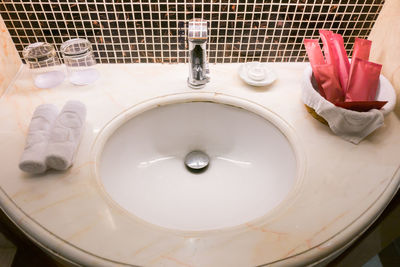 High angle view of faucet in bathroom