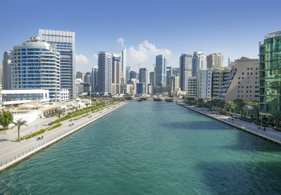 View of swimming pool by buildings in city