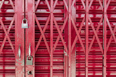 Close-up of padlocks hanging on metallic gate