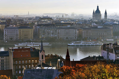 Budapest autumn panorama and basilica on danube river at sunrise, hungary