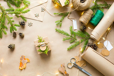 High angle view of christmas decorations on table