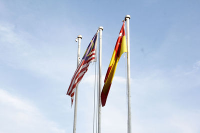 Low angle view of flags against sky