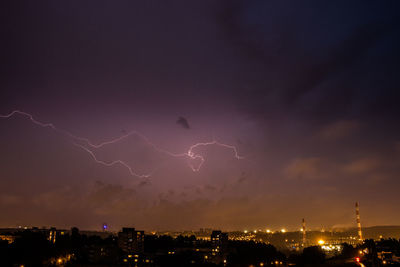 Lightning over illuminated cityscape against dramatic sky at night