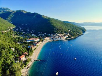 High angle view of bay against sky