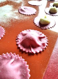 High angle view of cupcakes on table