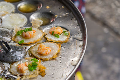 High angle view of food in cooking pan