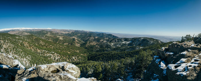 Scenic view of mountains against clear blue sky