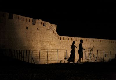 Silhouette people standing on road against sky at night