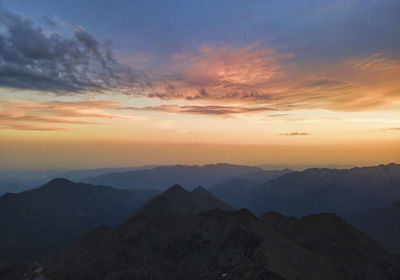 Scenic view of silhouette mountains against sky at sunset