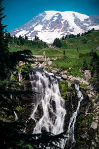 Scenic view of waterfall against sky