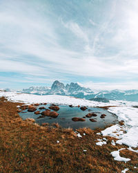 Scenic view of snowcapped mountains with a little lake against sky