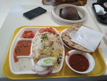 High angle view of breakfast on table