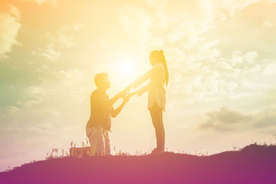 Friends standing against sky during sunset