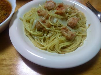 Close-up of noodles served in bowl