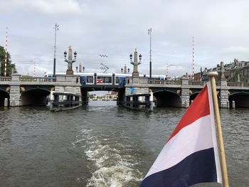 Bridge over river against sky in city