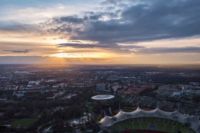 High angle view of cityscape at sunset