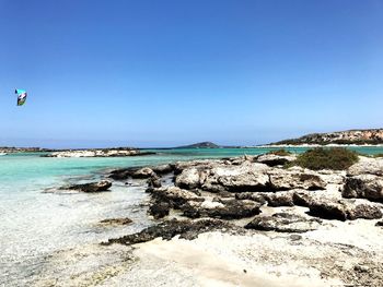 Scenic view of beach against clear blue sky