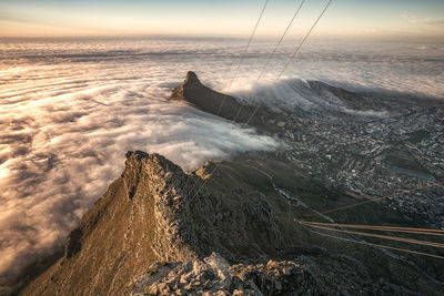 View from cable station on table mountain towards the bay were the fog hits the land