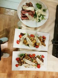 High angle view of meal served on table