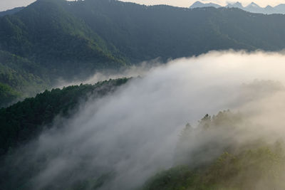 Fog covered mountains and the sunshine that shines brightly in gold