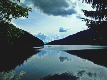 Scenic view of lake against cloudy sky