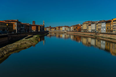 Reflection of buildings in city against clear blue sky