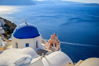 High angle view of church against sea at santorini