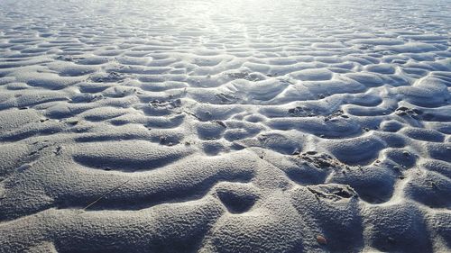 High angle view of footprints on sand at beach