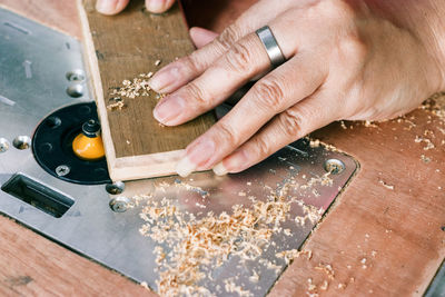 High angle view of person working on table