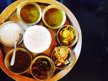 High angle view of food served on table