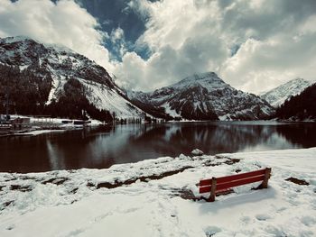 Scenic view of snowcapped mountains against sky