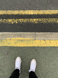 Low section of man standing on road